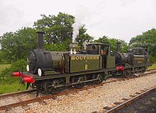Double heading A1 and A1X 'Terriers' Wooton and Freshwater running around the train at Wootton railway station, Isle of Wight Steam Railway Southern Railway Class A1X W11 and W8 Wootton.jpg