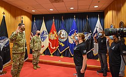 Vice chief of space operations General David D. Thompson swears in the first four enlisted Space Force recruits at the Baltimore Military Entrance Processing Station, Maryland on 20 October 2020. Space Force enlists first trainees to bootcamp (2).jpg