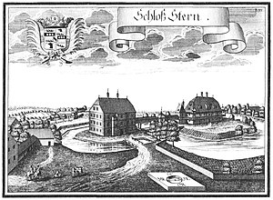 Diepolting headquarters on the left, Stern Castle on the right (copper engraving by Michael Wening, 1721)