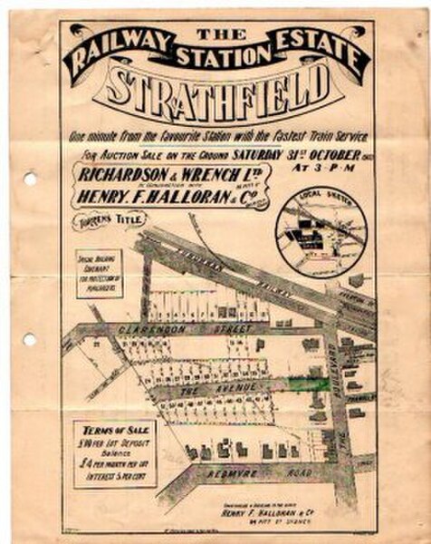 On 31 October 1903 a subdivision of the Redmyre Estate was auctioned. The pamphlet shows it was billed as "The Railway Station Estate, Strathfield".