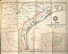 Mapa do sul do Texas mostrando uma rota ferroviária entre Brownsville e Richmond em vermelho