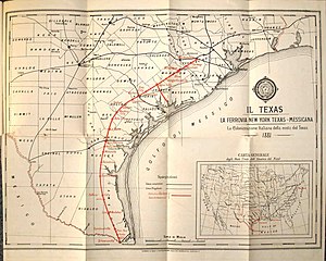 Map of Southern Texas showing a railroad route between Brownsville and Richmond in red