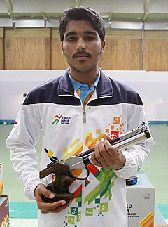 The Gold Medal Winner Saurabh Choudhary (Allahabad) in the 10M Air Pistol event for boys, in New Delhi on February 04, 2018.jpg