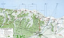 Map shows the British and Canadian beaches, and the positions at the close of D-Day.