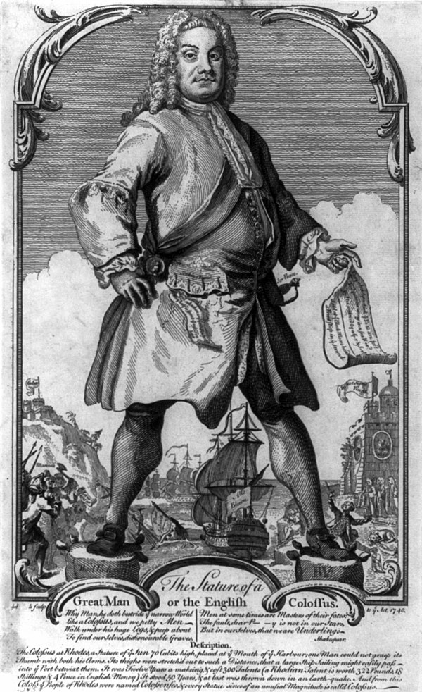 1740 political cartoon depicting Walpole as the Colossus of Rhodes, alluding to his reluctance to engage Spain and France militarily