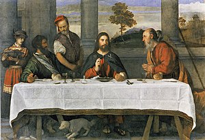 Supper at Emmaus, 169 x 211 cm, c. 1534 (Walker Art Gallery, L 914) Titian - Supper at Emmaus, c. 1530-34.jpg