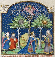 The Dry Tree with the Phoenix, flanked by the Trees of the Sun and the Moon. Rouen 1444-1445