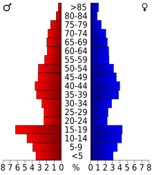 Schéma représentant la population du comté, par tranche d'âge. En rouge, à gauche, les femmes, en bleu à droite, les hommes.