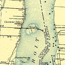 Stony Island in a 1906 USGS map. The railroad is still present, but stone pilings have not yet been constructed. USGS topographic map, Michigan, Wyandotte quadrangle (278613), 1906, 1-62500 (cropped to Stony Island).jpg
