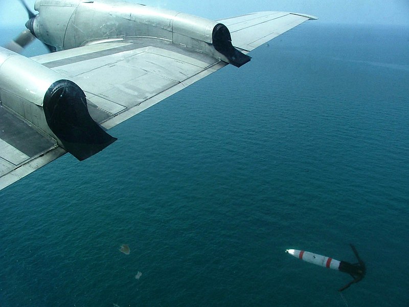 File:US Navy 040705-N-1050K-004 A MK 62 Quick Strike mine is deployed from the starboard wing of a P-3C Orion aircraft form the Grey Knights of Patrol Squadron Four Six (VP-46).jpg