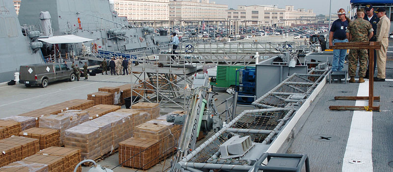 File:US Navy 051020-N-3541A-004 Personnel aboard the amphibious transport dock USS Nashville (LPD 13) discuss how to move pallets of Meals Ready-to-Eat (MRE) on board the ship.jpg