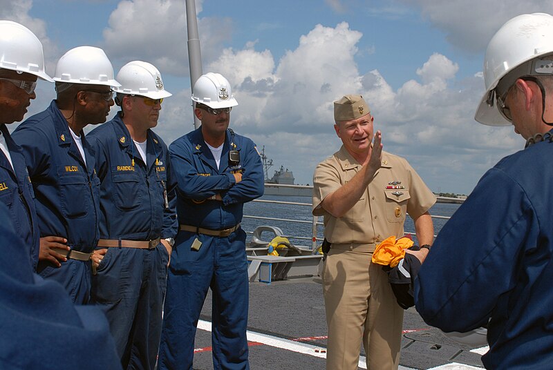 File:US Navy 070711-N-8102J-007 Commander, U.S. Fleet Forces Command, Fleet Master Chief Rick West is greeted by the chief petty officer's mess aboard guided-missile cruiser USS Philippine Sea (CG 58) during a recent visit to.jpg