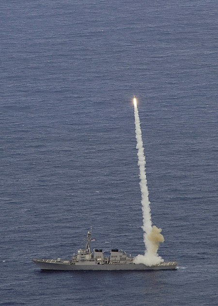 US Navy 090923-N-1251W-010 The guided-missile destroyer USS Curtis Wilbur (DDG 54) launches a Standard Missile-2 while conducting torpedo evasion maneuvers during Multi-Sail 2009.jpg