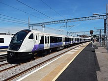 An Elizabeth line train at Shenfield station Unit 345007 at Shenfield 7th July 2017 03.jpg