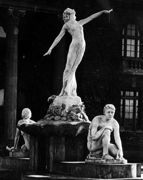 Loy modeled for the central figure in Harry Fielding Winebrenner's Fountain of Education, a sculpture at Venice High School in Los Angeles (1922)