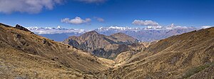 View from the Kuari Pass, the Kamet is visible on the horizon in the center of the picture.