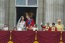 Three flower girls can be seen after the wedding of Prince William and Catherine Middleton in 2011 Wedding Prince William balcony Buckingham Palace.jpg