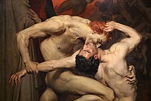 Detail of Dante and Virgil by William-Adolphe Bouguereau (1850); Schicchi, with red hair, portrayed biting into Capocchio [it]'s neck William bouguereau, dante e virgilio, 1850, 04.JPG