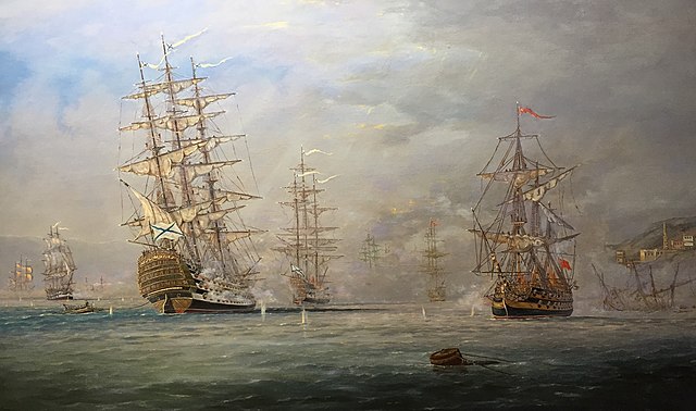 1853年的最後一次帆船之戰。弗拉基米爾·科索夫（Vladimir Kosov）畫作中的錫諾普戰役。
