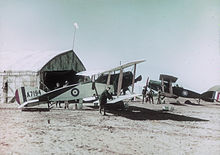 Bristol F2B fighters: A7194 in an overall aluminium ("silver") dope and B1150 in standard khaki-green. No. 1 Squadron, Australian Flying Corps. Mejdel Jaffa Area, Palestine in 1918 1stSquadronAustralianFlyingCorps.jpg