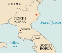 A map of the Korean peninsula. The estimated location of the test (41.311degN, 129.114degE) is marked in red. 2006 North Korean nuclear test.svg