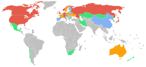 Participating nations. Green: fewer than 5 athletes; blue: 5-9; orange: 10-19; red: 20 or more. 2006 Winter paralympics team numbers.png