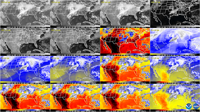 This GOES-18 image shows the contiguous United States observed by each of the ABI's 16 channels on May 5, 2022. 2022-05 CONUS 16Panel GOES18 05May2022 1801UTC WithLogosAndLabels.gif