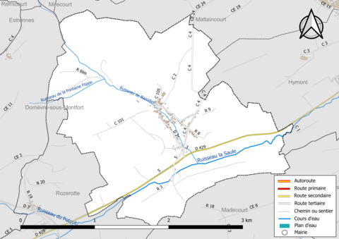 Carte en couleur présentant le réseau hydrographique de la commune