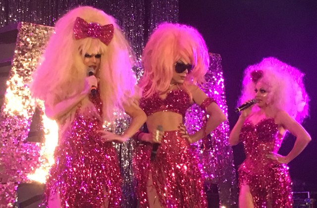 The AAA Girls performing in Denver, Colorado, 2017. Willam can be seen on the left, with Alaska in the middle and Courtney Act on the right.