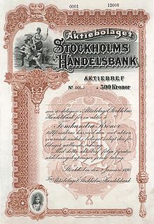 Specimen of the AB Stockholms Handelsbank from 2 January 1898 AB Stockholms Handelsbank 500 skr 1898.jpg