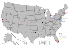 AFL (red) and NFL (blue/black) teams at the time of the merger. Pittsburgh, Cleveland, and Baltimore moved from the NFL to the AFC after the merger. AFL-NFL merger.png