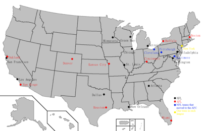 AFL (red) and NFL (blue/black) teams at the time of the merger. Pittsburgh, Cleveland, and Baltimore moved from the NFL to the AFC after the merger.