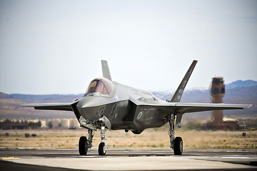 A U.S. Air Force F-35A Lightning II aircraft assigned to the 422nd Test and Evaluation Squadron taxis before its first operational training mission April 4, 2013, at Nellis Air Force Base, Nev 130404-F-KX404-161