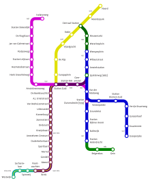 Route network of the Amsterdam Metro with years of opening AmsterdamMetroOpeningsdata.svg