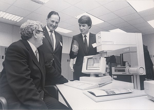 FitzGerald (left) at the official opening of the Wang facility in Plassey Technological Park, Limerick, 1984