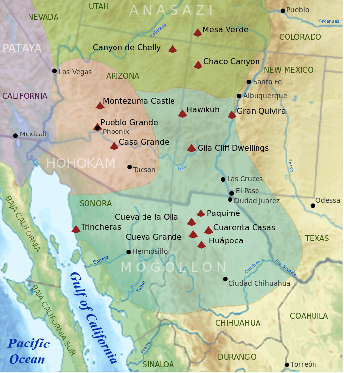 Map of major prehistoric archaeological cultures in the southwestern United States and northwestern Mexico