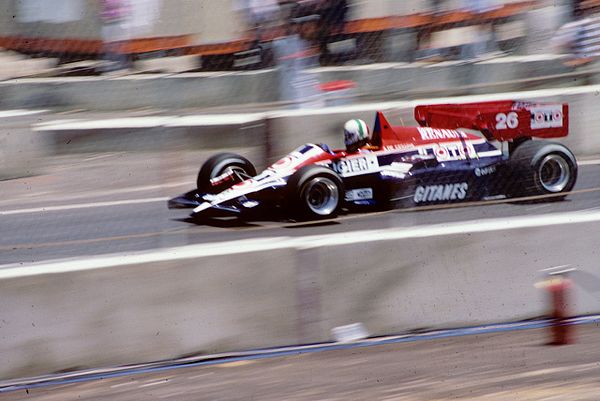 Ligier used a turbo engine for the first time in 1984. Andrea de Cesaris drives the JS23 chassis at that year's Dallas Grand Prix.