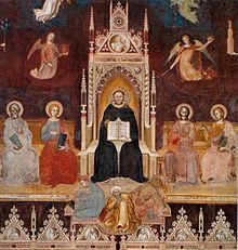 Triumph of St. Thomas Aquinas, Doctor Angelicus
, with saints and angels, Andrea di Bonaiuto, 1366. Basilica of Santa Maria Novella, fresco. Andrea di Bonaiuto. Santa Maria Novella 1366-7 fresco 0001.jpg