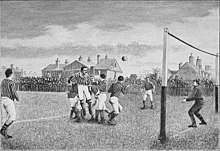 Representation of a football match from the book Athletics and football, 1894 Athletics and football (1894) (14777984175).jpg