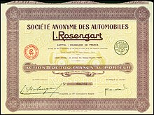 Share of the S.A. des Automobiles L. Rosengart, issued 1. October 1929 Automobiles L. Rosengart 1929.jpg