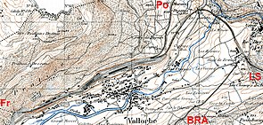 Bahnhöfe Vallorbe und Le Day (rechts) auf der Siegfriedkarte 1 : 25 000 aus dem Jahr 1934. Die Gleisanlagen haben sich, mit Ausnahme der 1942 abgebauten Strecke nach Pontarlier, nicht wesentlich verändert.LS:    SBB nach LausanneBRA: SBB/PBr nach Le BrassusFr:     PLM (seit 1938 SNCF) nach FrasnePo:    PLM (ab 1938 SNCF) nach Pontarlier (bis         1939)