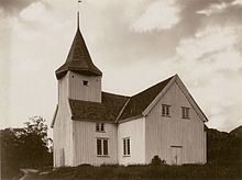 View of the church around the year 1900. Bakke kirke, Vest-Agder - Riksantikvaren-T218 01 0007.jpg