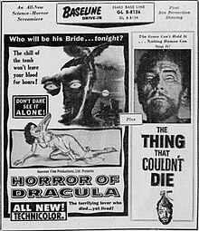 Drive-in advertisement from 1958 for Horror of Dracula and co-feature, The Thing That Couldn't Die. Baseline Drive-in Ad - 16 July 1958, Highland, CA.jpg