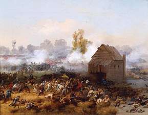 A wooden mill house is surrounded by battle. The smoke and haze of battle obscures much of the background, but formations of red-coated soldiers are visible through it. Small figures, some clearly uniformed, others not obviously so, fight in the foreground.