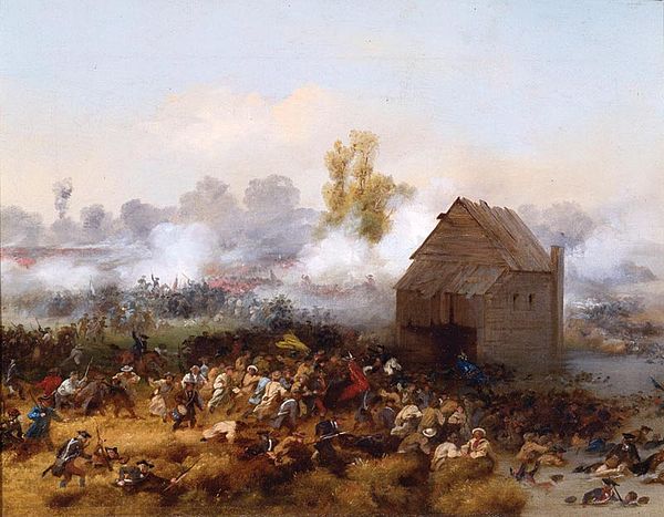 Lord Stirling leading an attack against the British in order to enable the retreat of other troops at the Battle of Long Island, 1776. Painting by Alo