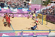 Deutsch: Bachhandball bei den Olympischen Jugendspielen 2018; Tag 3, 9. Oktober 2018; Jungs, Vorrunde, Gruppe B - Argentinien-Mauritius 2:1 English: Beach handball at the 2018 Summer Youth Olympics at 9 October 2018 – Boys Preliminary Round Group B‎ – Argentina-Mautitius 2:1