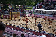 Deutsch: Beachhandball bei den Olympischen Jugendspielen 2018; Tag 3, 10. Oktober 2018; Mädchen, Vorrunde, Gruppe B - Niederlande-Argentinien 2:0 English: Beach handball at the 2018 Summer Youth Olympics at 10 October 2018 – Girls Preliminary Round Group B‎ – Netherlands-Argentina 2:0