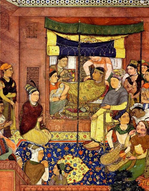 Portrait of Empress Mariam-uz-Zamani, giving birth to prince Salim in Fatehpur Sikri, painted by Bishandas.
