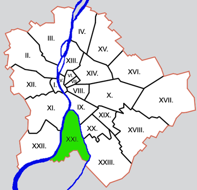 Csepel (Budapest XXI. kerülete) elhelyezkedése Budapesten belül (zölddel jelölve)