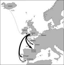 Bristol's overseas trade as recorded in 1492/3 customs accounts. Bristol trade routes1492.png